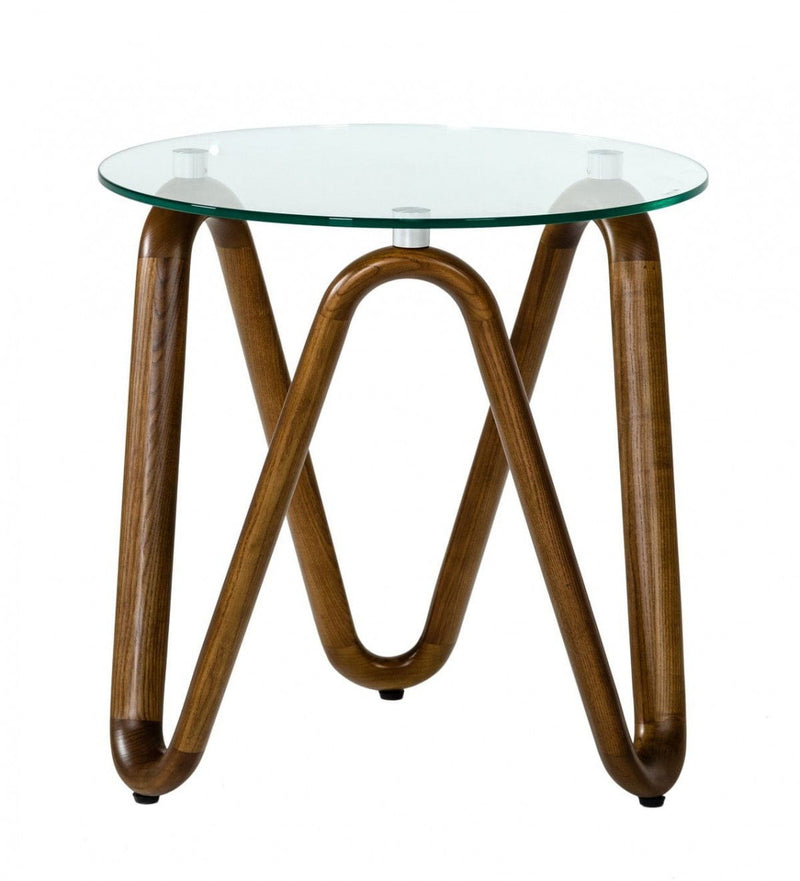 Glass Solid Wood Ribbon Base Round End Table - Walnut And Clear