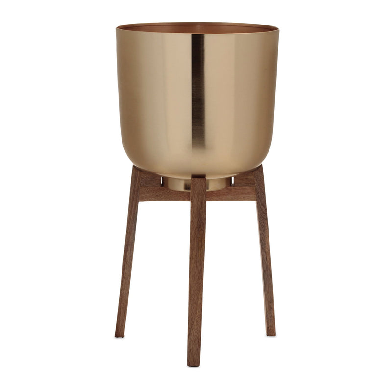 Metal And Wood 65" Ounce Round Elevated Planters (Set of 2) - Gold And Natural