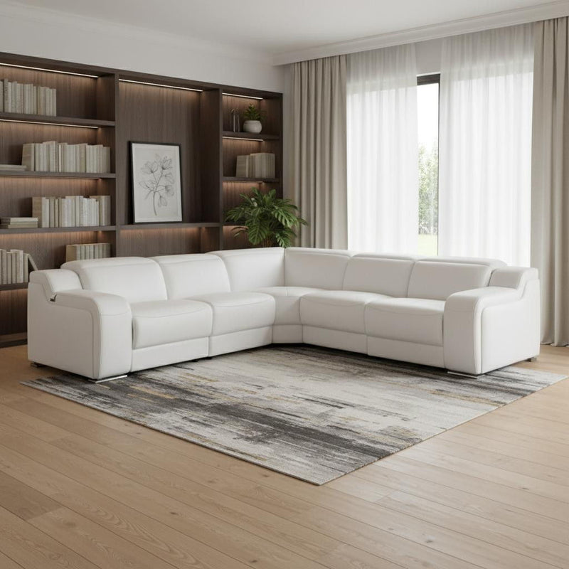 Italian Leather Power Reclining L Shaped Five Piece Corner Sectional - White