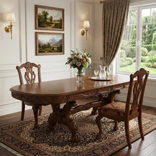 Load image into Gallery viewer, 46" Dark Brown Free Form Solid Wood Double Pedestal Base Dining Table
