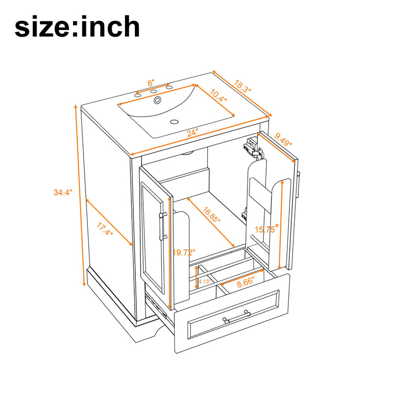 Bathroom Vanity With Sink, 1 Divided Drawer And 2 Soft Close Doors With Double Shelf