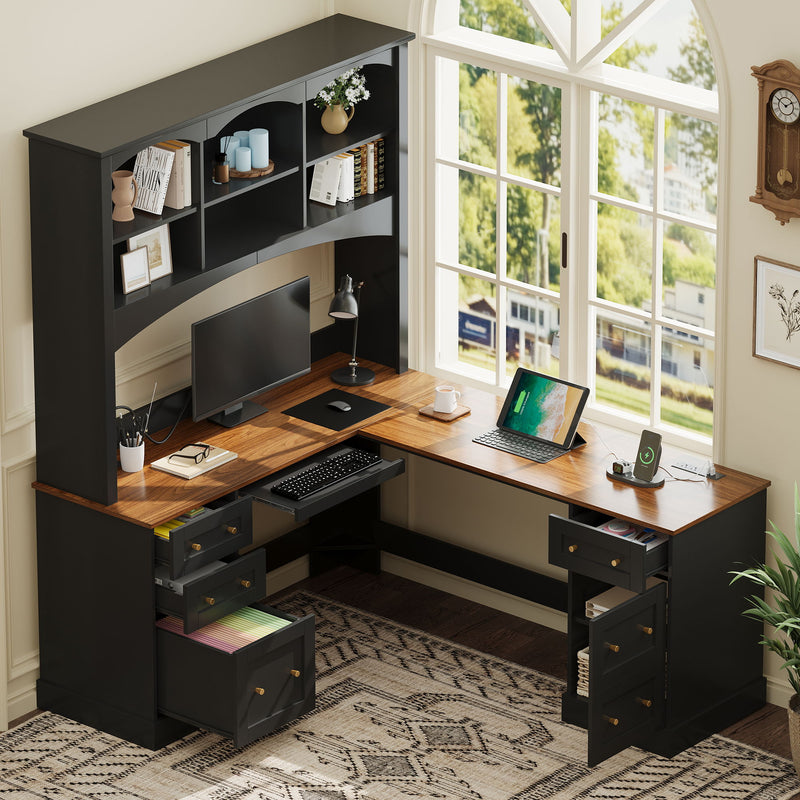 Space Saving L-Shaped Computer Desk With Keyboard Tray & Charging Stations