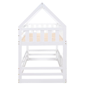 Twin over Twin House Bunk Bed with Fence and Door, White