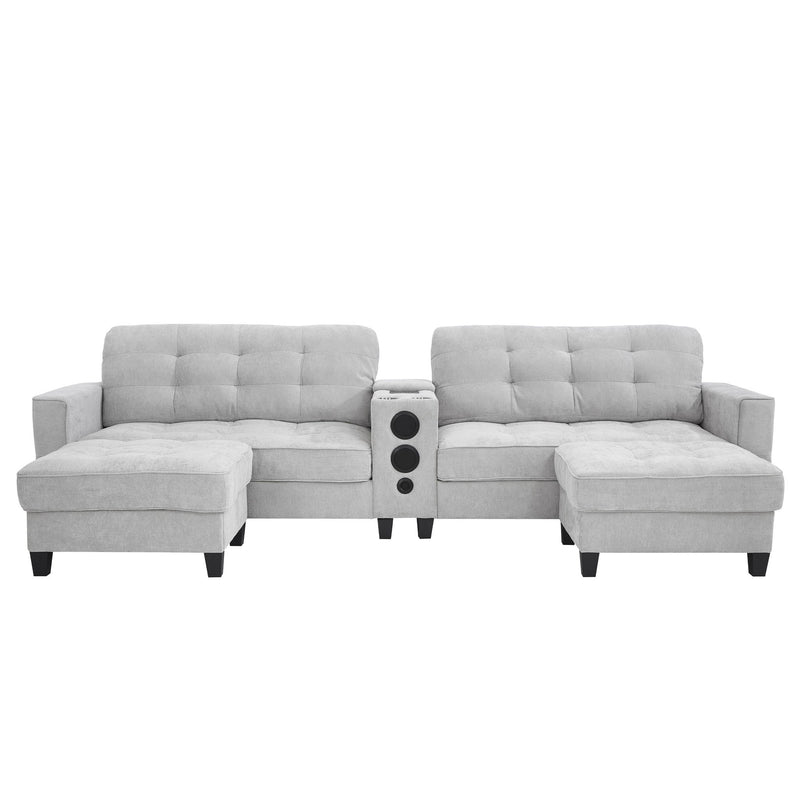 Modern Sectional Sofa U-Shaped With Movable Ottomans, tooth Speakers, LED Lights And Modular Storage
