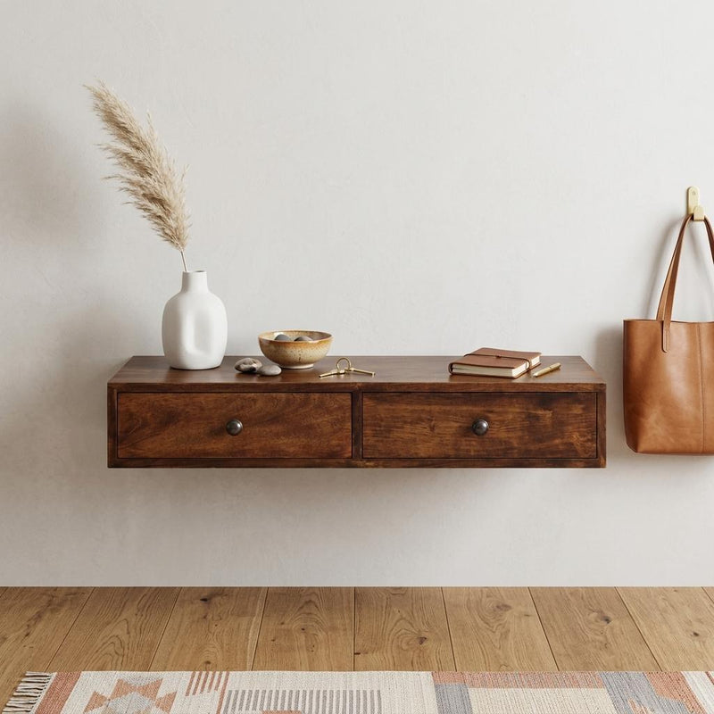 Floating Wall Mount Console Table With Two Drawers - Brown