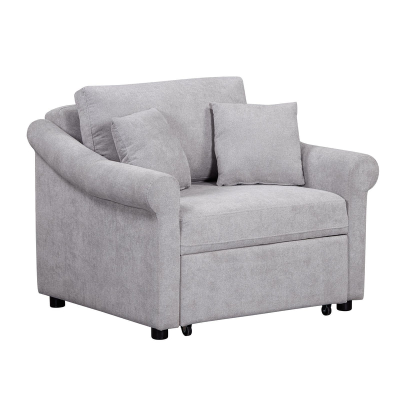 Chenille And Solid Wood Convertible Chair - Gray And Natural