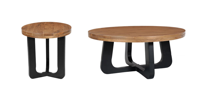 Solid Wood Iron Round Cross Legs Coffee Table (Set of 2) - Natural / Black