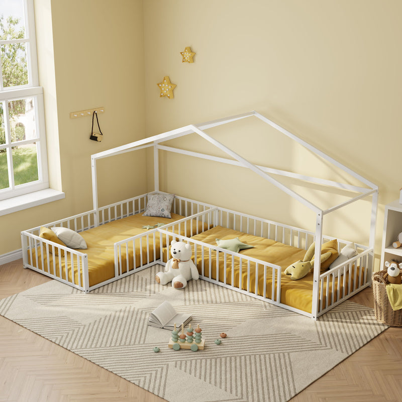 L-Shaped Montessori Bed For 2 Kids With Partitioned Fence