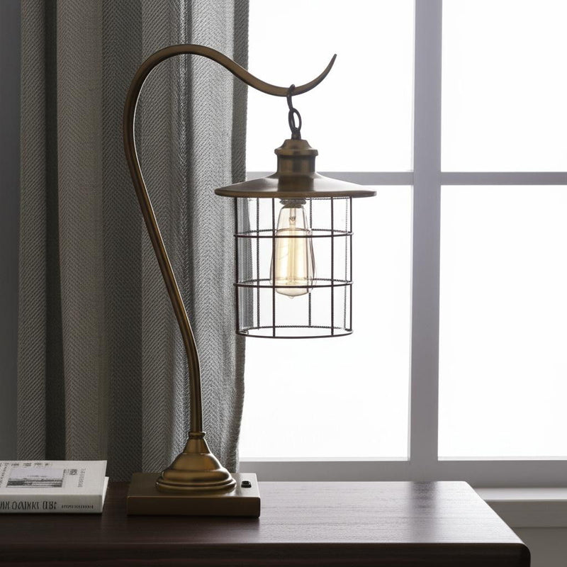 Metal Lantern Desk Table Lamp With Antiqued Brass Drum Shade - Antiqued Brass