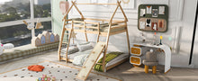 Load image into Gallery viewer, Twin over Queen House Bunk Bed with Climbing Nets and Climbing Ramp, Natural
