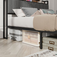 Load image into Gallery viewer, Queen Size Bed Frame with Charging Station, Upholstered Headboard, Metal Platform, Grey
