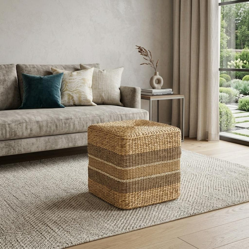 Fabric Striped Round Pouf Ottoman - Brown / Gray