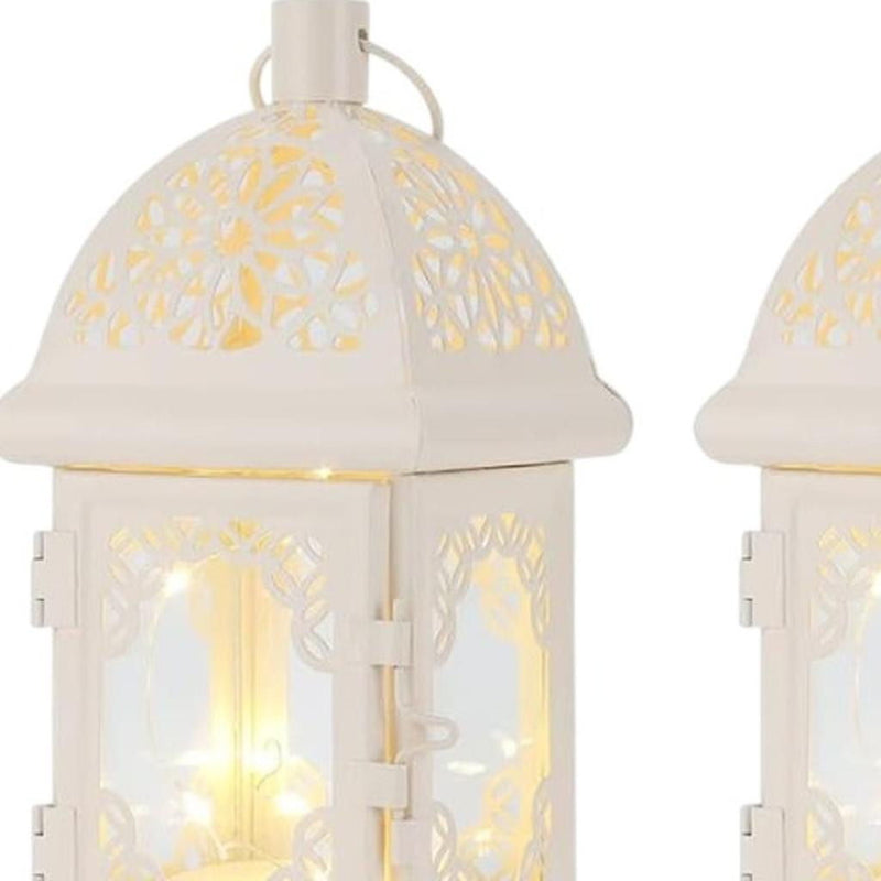 Metal Glass Pierced Scrollwork Lantern Lamps (Set of 2) - White