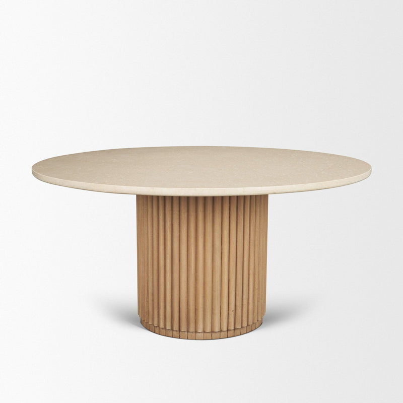 Marble Solid Wood Pedestal Base Round Top Dining Table (727902) - Beige / Brown