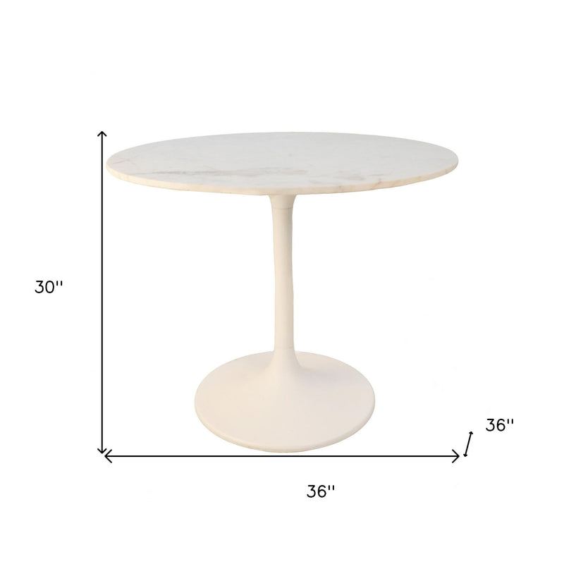 36" Rounded Marble And Iron Pedestal Base Dining Table - White