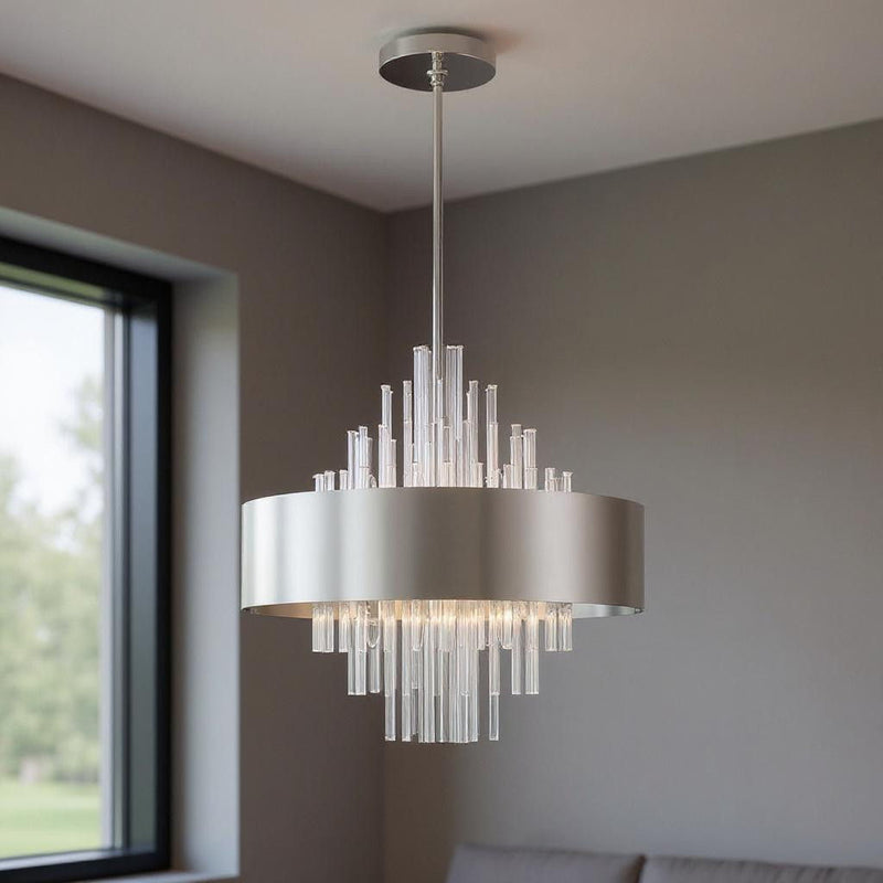 28" Ten Light Dimmable Chandelier With Shades - Nickel