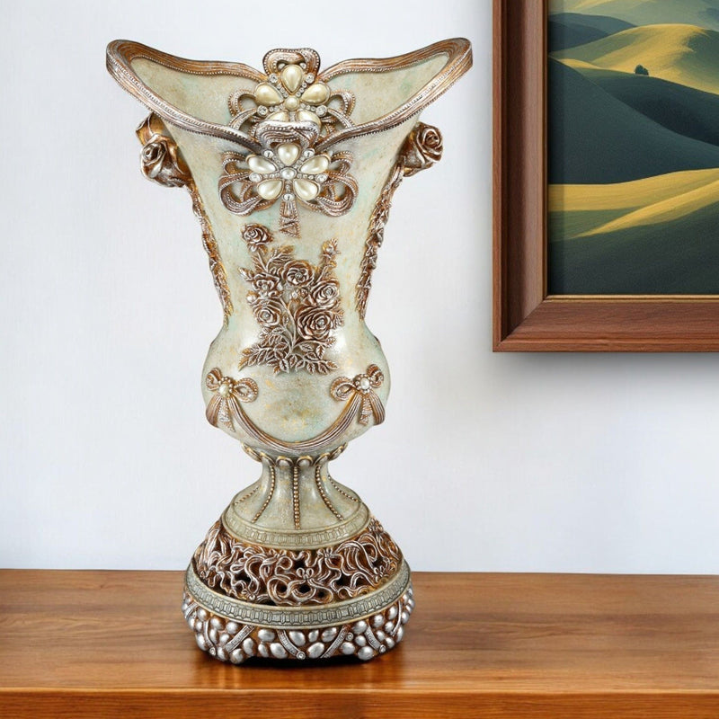 Floral Trumpet Poly Table Vase With Stones - Green / Bronze / Silver