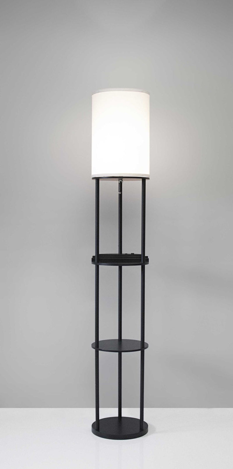 Wood Floor Lamp With Circular USB Charging Station Shelf - Black