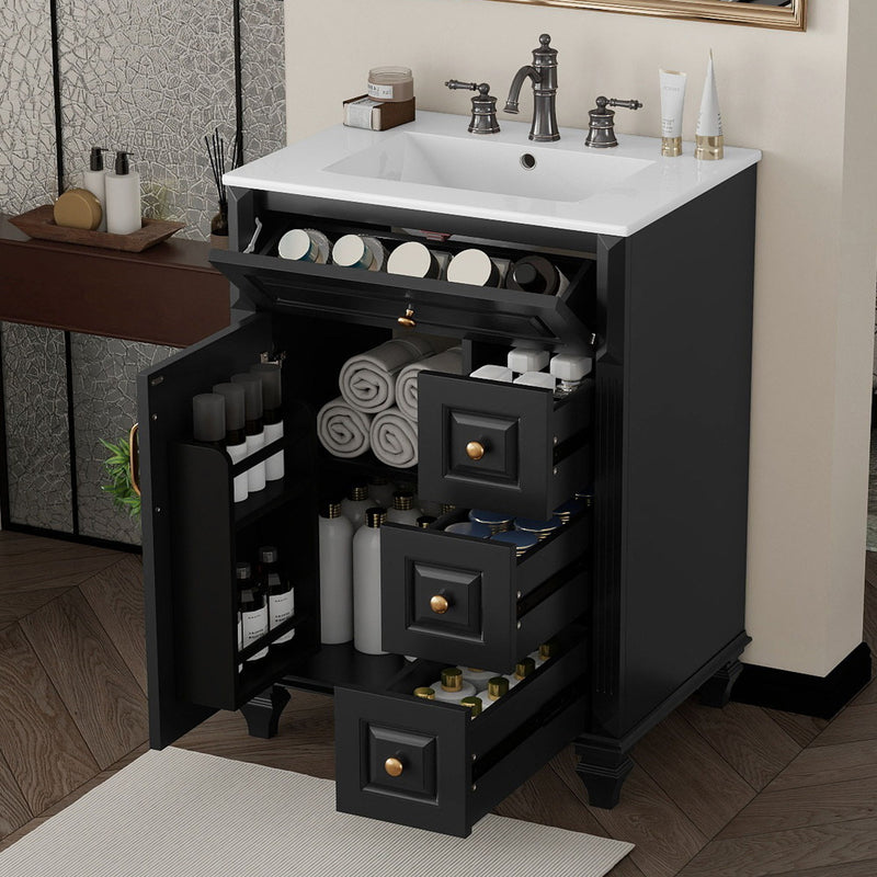 Freestanding Bathroom Vanity With Sink, 3 Drawers & Flip-Out Drawer