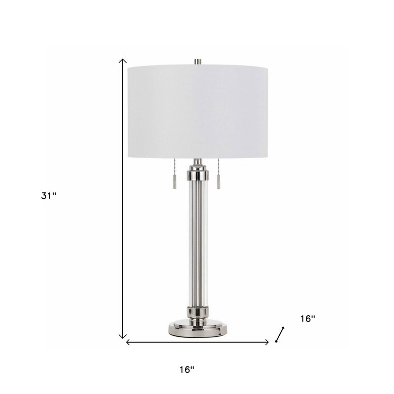Metal Two Light Cylinder Table Lamp With White Drum Shade - Silver Metallic