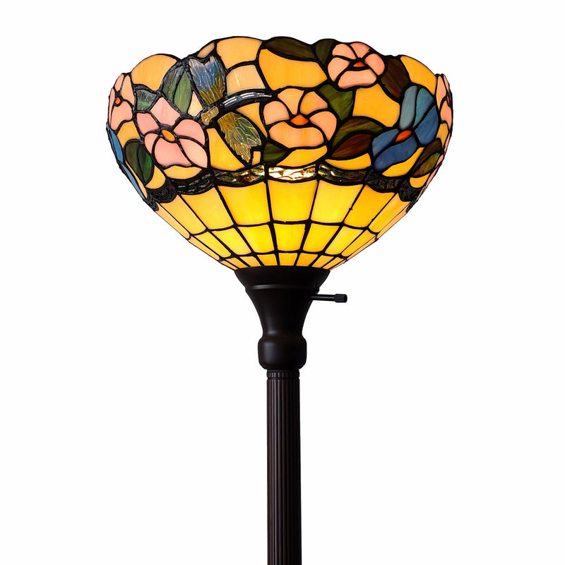 Traditional Shaped Floor Lamp With Green And Brown Tiffany Glass Bowl Shade - Brown