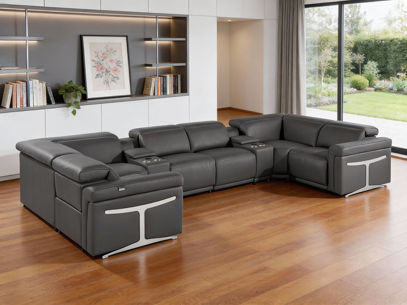 Italian Leather Power Reclining U Shaped Eight Piece Sectional With Console - Dark Gray