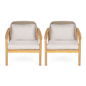 2 Piece Outdoor Acacia Wood Patio Club Chair, Patio Furniture Arm Chair With Woven Rope Backrest, Deep Seating For Porch - Light Teak / Beige