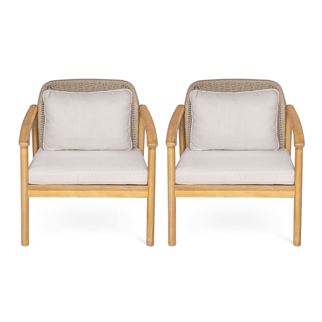 2 Piece Outdoor Acacia Wood Patio Club Chair, Patio Furniture Arm Chair With Woven Rope Backrest, Deep Seating For Porch - Light Teak / Beige