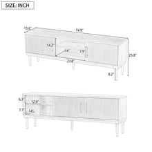 Load image into Gallery viewer, TV Stand With Vertical Slatted Doors And Sliding Panels, Solid Wood Legs - Brown
