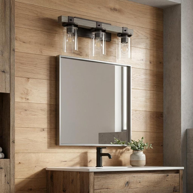 Wood Metal And Glass Three Light Bath Bar Vanity Light - Gray