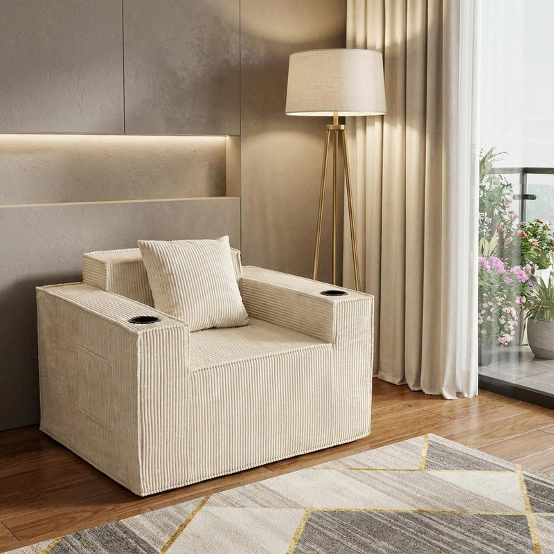 Corduroy Arm Chair And Toss Pillow - Beige