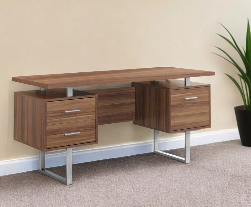 Computer Desk With Three Drawers - Brown And Silver