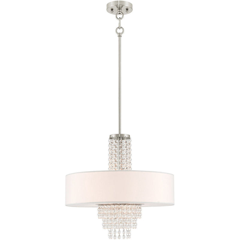 Four Light Metal Dimmable Chandelier With Shades - Nickel / Clear / Off White