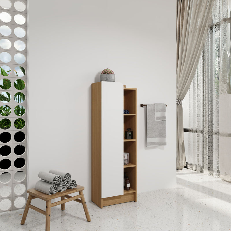 Tall Freestanding Bathroom Side Cabinet With Single Door & 4 Tier Open Shelves - Black / Light Oak / White