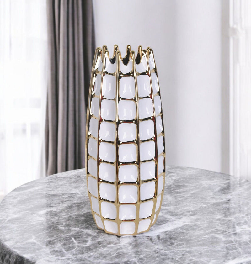 Checkered Oval Porcelain Table Vase With Sculptural Details - White