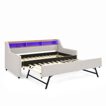Load image into Gallery viewer, Upholstered Sofa Bed With LED Lights, Storage Headboard, Foldable Trundle &amp; Wireless Charging
