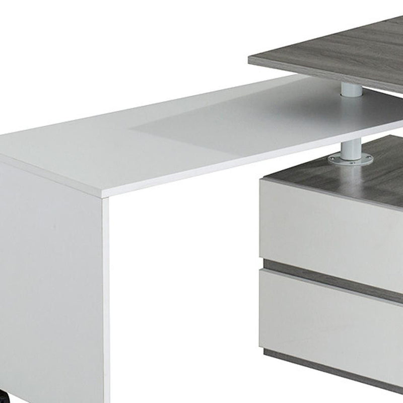 L Shape Rolling Pedestal Computer Desk With Two Drawers - Gray / White