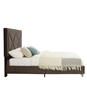 B109 Queen bed .Beautiful brass studs adorn the headboard, strong wooden slats + metal legs with Electroplate