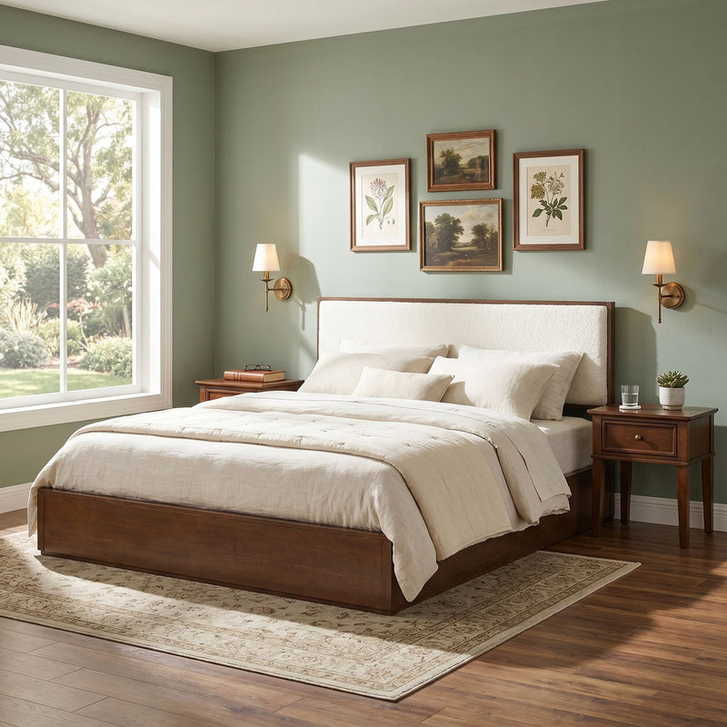 Queen Low Profile Design Bed With Upholstered Headboard - Beige / Walnut Brown