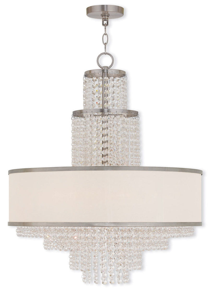 Six Light Metal Dimmable Chandelier With Shades - Nickel / Clear / Off White