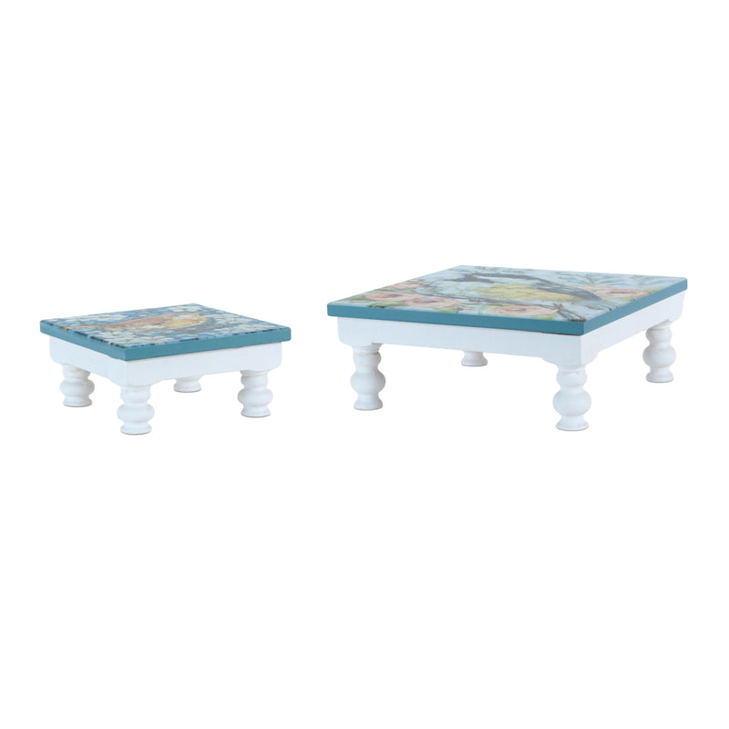 Solid Manufactured Wood Floral Square Riser Tray (Set of 2) - Blue / White