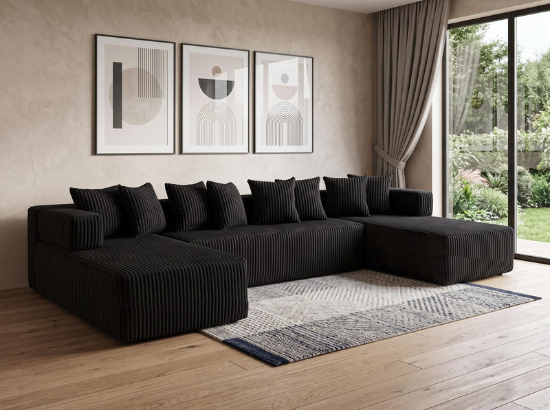 Corduroy Modular U Shaped Three Piece Corner Sectional With Console And Toss Pillows (762804) - Black