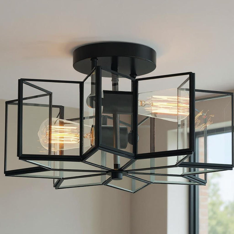 Unique Statement Two Light Metal Dimmable Flush Chandelier With Shades - Black