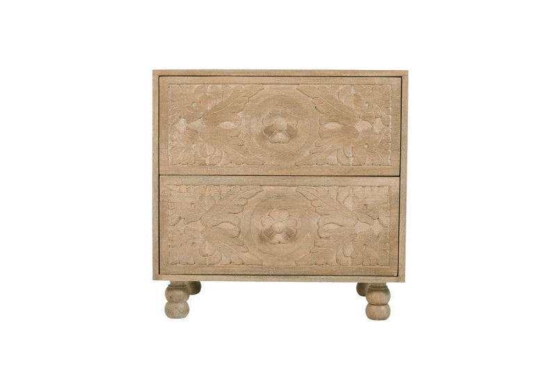 Solid Wood Distressed Carved Scrollwork Two Drawer Nightstand - Beige