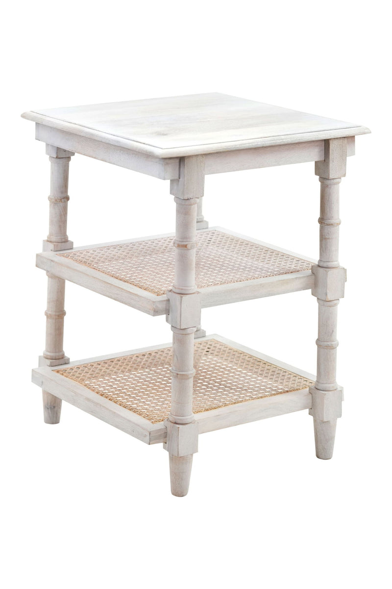 24" Antiqued Solid Wood End Table With Two Shelves - White