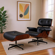 Load image into Gallery viewer, 27" Tufted Genuine Leather Swivel Lounge Chair With Ottoman - Black / Rosewood
