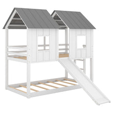 Load image into Gallery viewer, Twin Over Twin House Bunk Bed With Slide And Windows - White / Gray
