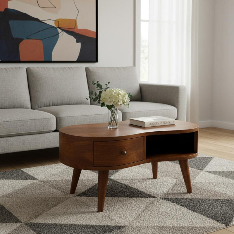 28" Solid Wood Free Form Coffee Table With Drawer Shelf - Chestnut
