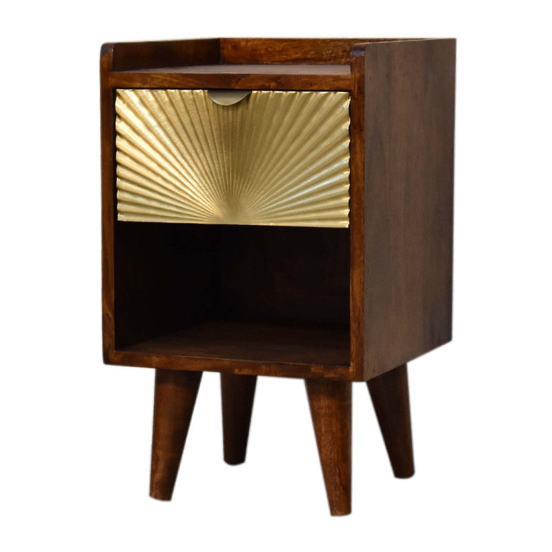 20" Solid Wood Carved Geometric One Drawer Nightstand - Chestnut And Gold