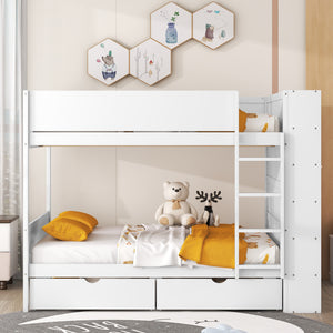 Full over Full Bunk Bed With 2 Drawers and Multi-layer Cabinet, White